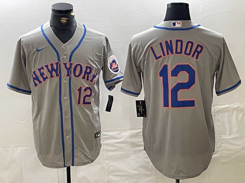 Men%27s New York Mets #12 Francisco Lindor Number Grey Stitched Cool Base Nike Jersey->new york mets->MLB Jersey